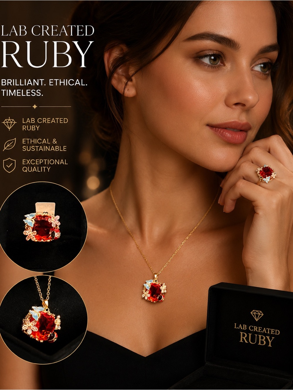 Lab Created Ruby Gold Pendant Necklace and Ring Set - Red